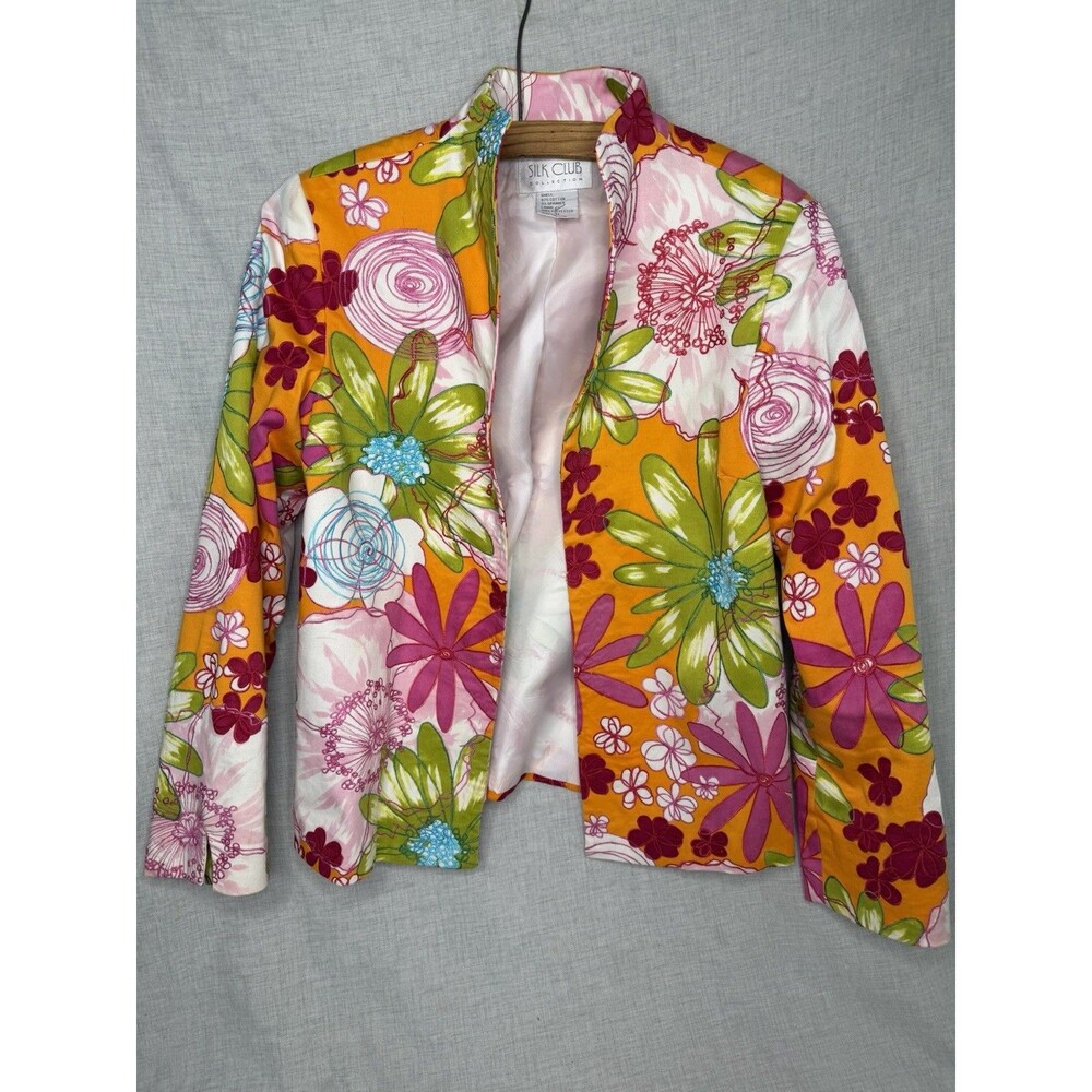 Silk Club Women Floral Embroidered Colorful Blazer Jacket Art Professional Sz M
